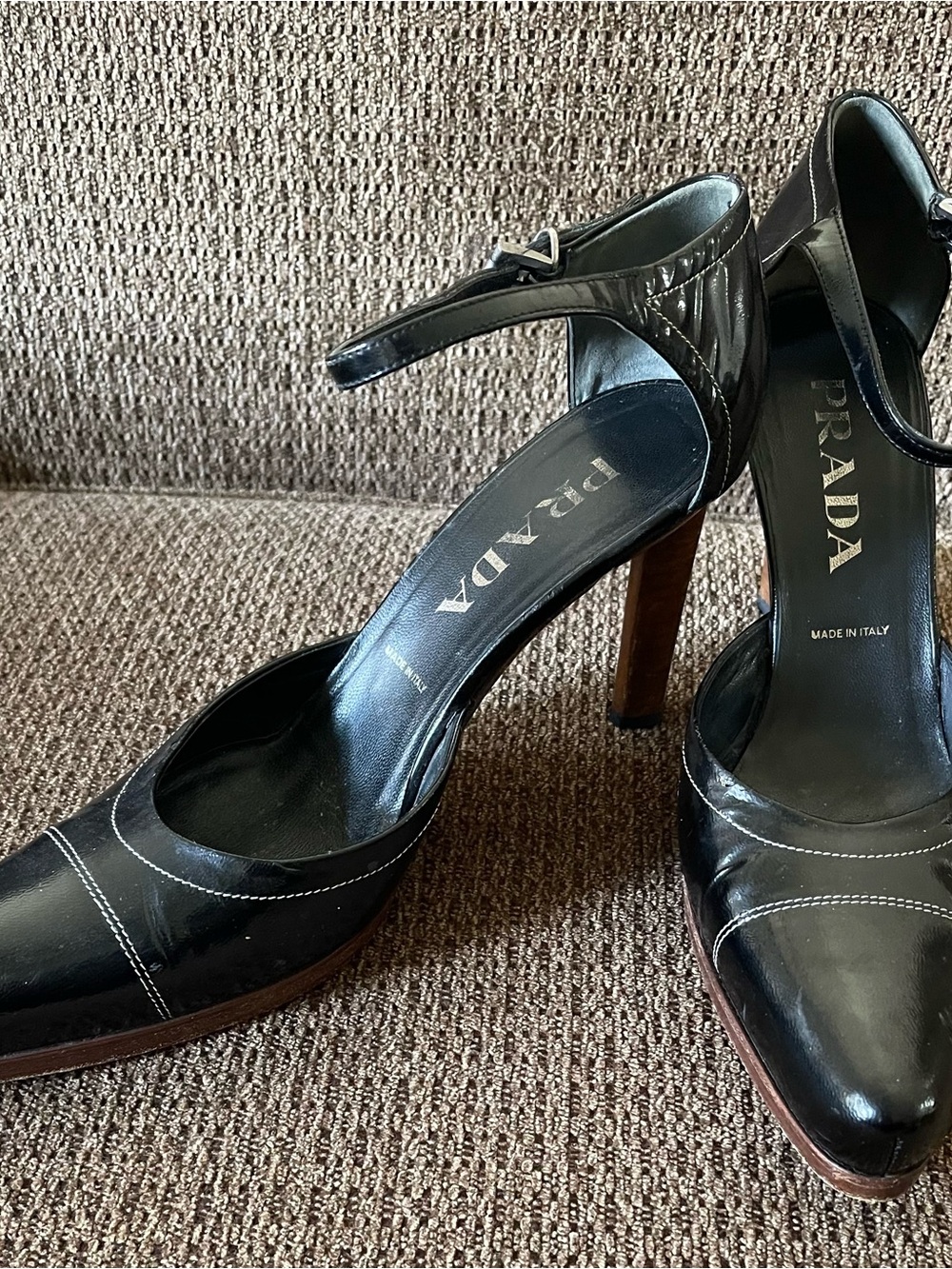 Vintage Prada Black Patent Leather Ankle-Strap Heels